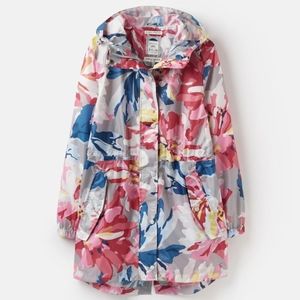 Joules Raincoat Jacket Sz 14 Gray Colorful Hooded Coat Zip & Button Lightweight